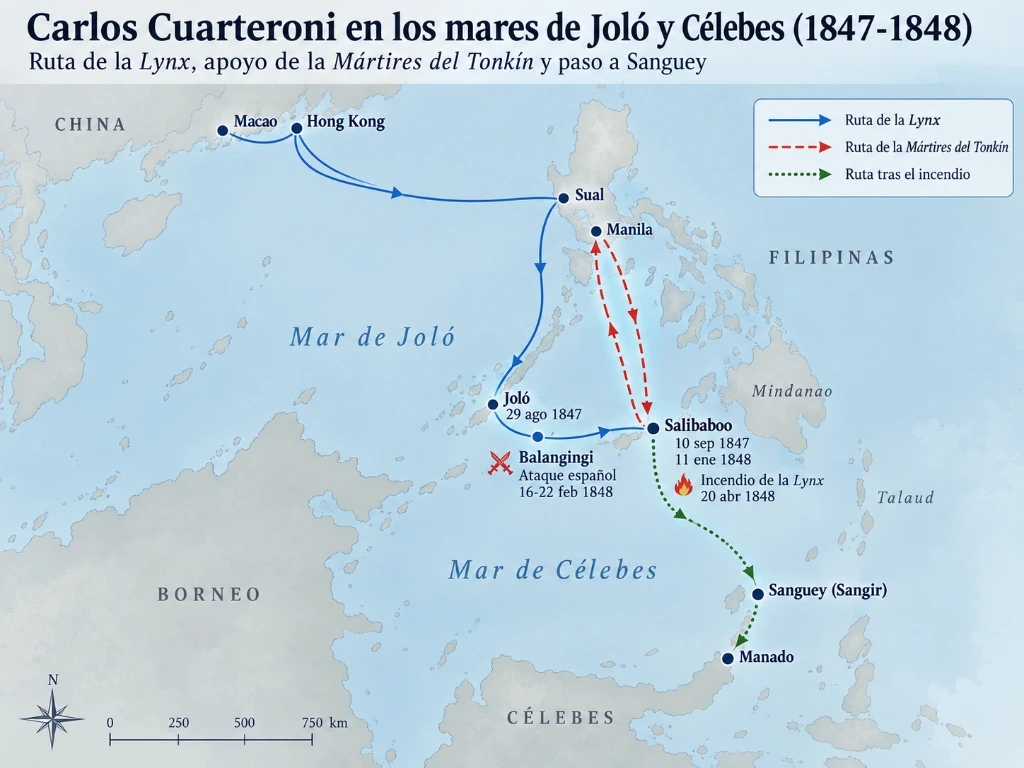 Mapa de las rutas de Carlos Cuarteroni en los mares de Joló y Célebes entre 1847 y 1848