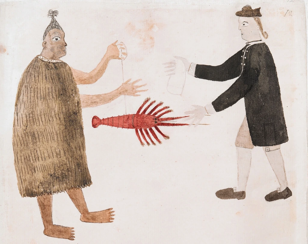 Un maorí intercambia una langosta con un miembro de la expedición británica, en un dibujo atribuido a Tupaia. British Library, Add MS 15508.